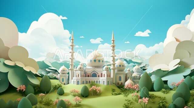 العبادة والتقرب إلى الله، أداء الفرائض والصلوات والتقرب إلى الله، ديكورات وتصاميم خارجية حديثة، الفن الهندسي المعماري لبناء المساجد في المملكة العربية السعودية، مجسم ثلاثي الابعاد لمسجد على الطراز الاسلامي ، خلفية السماء مع الغيوم