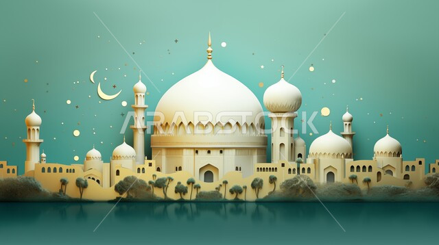 Modern exterior decorations and designs, worship and getting closer to God, performing religious duties and prayers and getting closer to God, architectural engineering art for building mosques, a three-dimensional model of a mosque in the Islamic style