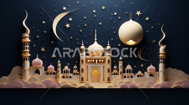 Modern exterior decorations and designs, worship and getting closer to God, performing religious duties and prayers and getting closer to God, architectural engineering art for building mosques, a three-dimensional model of a mosque in the Islamic style