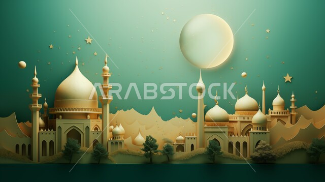 ديكورات وتصاميم خارجية حديثة، العبادة والتقرب إلى الله، أداء الفرائض والصلوات والتقرب إلى الله، الفن الهندسي المعماري لبناء المساجد، مجسم ثلاثي الابعاد لمسجد على الطراز الاسلامي