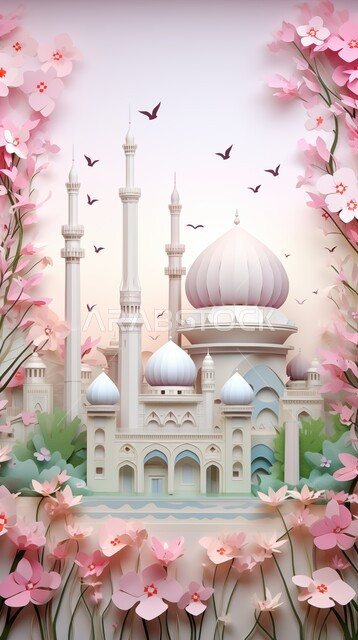 ديكورات وتصاميم خارجية حديثة، العبادة والتقرب إلى الله، أداء الفرائض والصلوات والتقرب إلى الله، الفن الهندسي المعماري لبناء المساجد، مجسم ثلاثي الابعاد لمسجد على الطراز الاسلامي