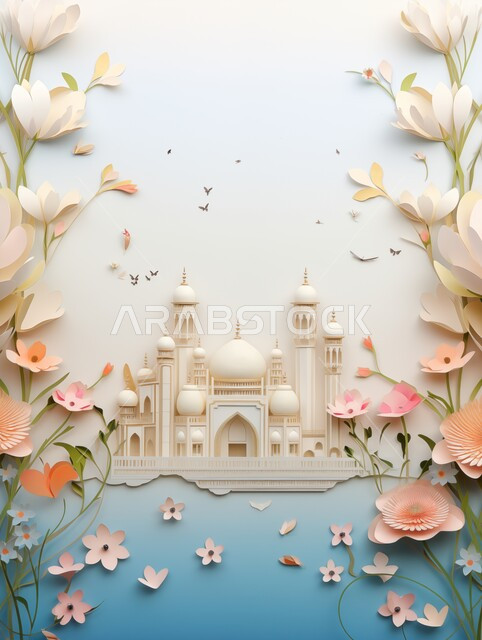 Modern exterior decorations and designs, worship and getting closer to God, performing religious duties and prayers and getting closer to God, architectural engineering art for building mosques, a three-dimensional model of a mosque in the Islamic style