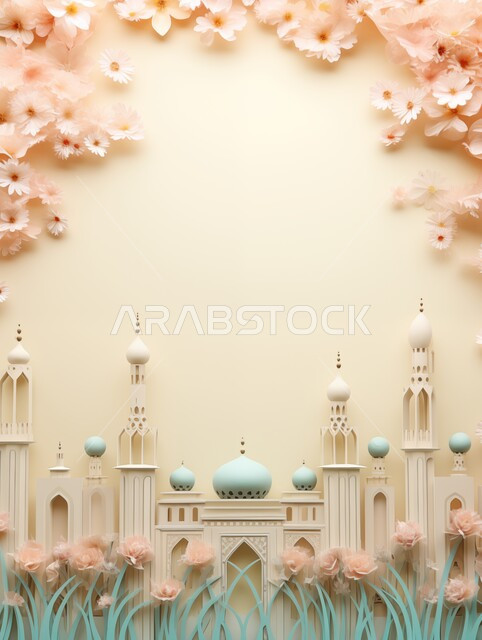 تصاميم وديكورات وزينة اسلامية دينية فاخرة، مجسم ثلاثي الابعاد لمسجد على الطراز الاسلامي، الاعياد والمناسبات الدينية، العبادة والتقرب الى الله في شهر رمضان المبارك، أجواء رمضانية روحانية، بطاقة تهنئة المسلمين بقدوم العيد