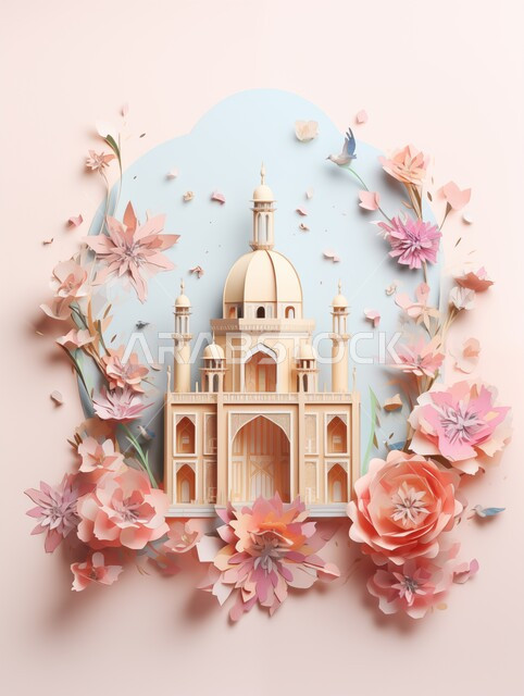 تصاميم وديكورات وزينة اسلامية دينية فاخرة، مجسم ثلاثي الابعاد لمسجد على الطراز الاسلامي، الاعياد والمناسبات الدينية، العبادة والتقرب الى الله في شهر رمضان المبارك، أجواء رمضانية روحانية، بطاقة تهنئة المسلمين بقدوم العيد