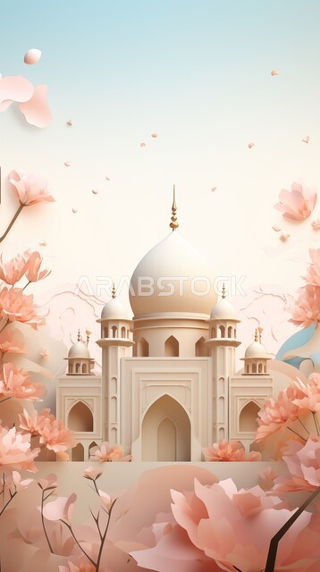 تصاميم وديكورات وزينة اسلامية دينية فاخرة، مجسم ثلاثي الابعاد لمسجد على الطراز الاسلامي، الاعياد والمناسبات الدينية، العبادة والتقرب الى الله في شهر رمضان المبارك، أجواء رمضانية روحانية، بطاقة تهنئة المسلمين بقدوم العيد