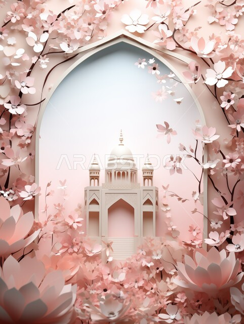 تصاميم وديكورات وزينة اسلامية دينية فاخرة، مجسم ثلاثي الابعاد لمسجد على الطراز الاسلامي، الاعياد والمناسبات الدينية، العبادة والتقرب الى الله في شهر رمضان المبارك، أجواء رمضانية روحانية، بطاقة تهنئة المسلمين بقدوم العيد