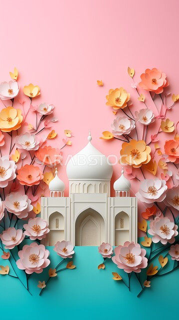 تصاميم وديكورات وزينة اسلامية دينية فاخرة، مجسم ثلاثي الابعاد لمسجد على الطراز الاسلامي، الاعياد والمناسبات الدينية، العبادة والتقرب الى الله في شهر رمضان المبارك، أجواء رمضانية روحانية، بطاقة تهنئة المسلمين بقدوم العيد