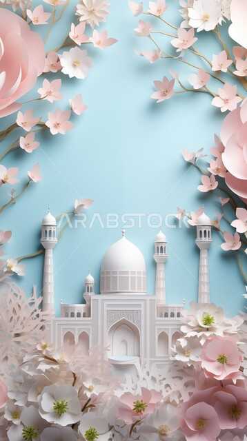 تصاميم وديكورات وزينة اسلامية دينية فاخرة، مجسم ثلاثي الابعاد لمسجد على الطراز الاسلامي، الاعياد والمناسبات الدينية، العبادة والتقرب الى الله في شهر رمضان المبارك، أجواء رمضانية روحانية، بطاقة تهنئة المسلمين بقدوم العيد