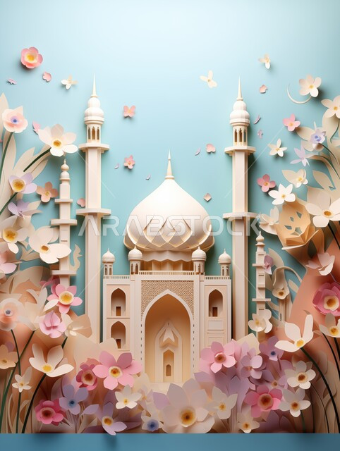 تصاميم وديكورات وزينة اسلامية دينية فاخرة، مجسم ثلاثي الابعاد لمسجد على الطراز الاسلامي، الاعياد والمناسبات الدينية، العبادة والتقرب الى الله في شهر رمضان المبارك، أجواء رمضانية روحانية، بطاقة تهنئة المسلمين بقدوم العيد