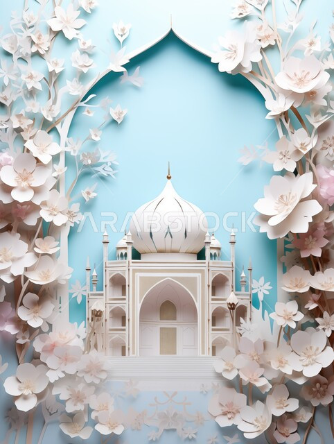 Luxurious religious Islamic designs, decorations and decorations, a three-dimensional model of an Islamic-style mosque, religious holidays and occasions, worship and getting closer to God in the blessed month of Ramadan, a spiritual Ramadan atmosphere, a card congratulating Muslims on the arrival of Eid, a white background.