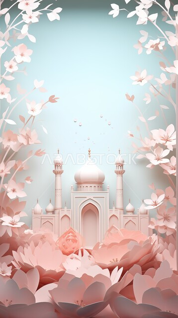 بطاقة تهنئة المسلمين بقدوم العيد, تصاميم وديكورات وزينة اسلامية دينية فاخرة، مجسم ثلاثي الابعاد لمسجد على الطراز الاسلامي، الاعياد والمناسبات الدينية، العبادة والتقرب الى الله في شهر رمضان المبارك، أجواء رمضانية روحانية