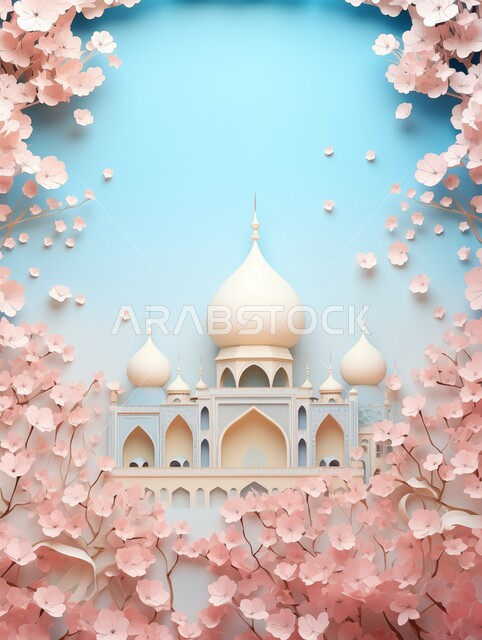 بطاقة تهنئة المسلمين بقدوم العيد, تصاميم وديكورات وزينة اسلامية دينية فاخرة، مجسم ثلاثي الابعاد لمسجد على الطراز الاسلامي، الاعياد والمناسبات الدينية، العبادة والتقرب الى الله في شهر رمضان المبارك، أجواء رمضانية روحانية