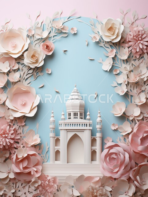 A card congratulating Muslims on the arrival of Eid, luxurious Islamic religious designs, decorations and decorations, a three-dimensional model of an Islamic-style mosque, religious holidays and events, worship and getting closer to God in the blessed month of Ramadan, a spiritual Ramadan atmosphere.
