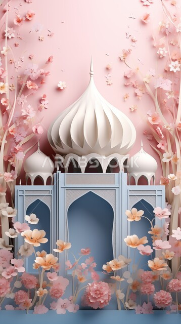 بطاقة تهنئة المسلمين بقدوم العيد, تصاميم وديكورات وزينة اسلامية دينية فاخرة، مجسم ثلاثي الابعاد لمسجد على الطراز الاسلامي، الاعياد والمناسبات الدينية، العبادة والتقرب الى الله في شهر رمضان المبارك، أجواء رمضانية روحانية