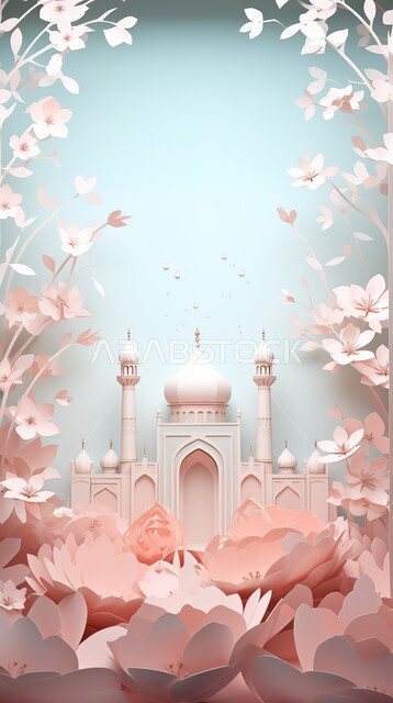 بطاقة تهنئة المسلمين بقدوم العيد, تصاميم وديكورات وزينة اسلامية دينية فاخرة، مجسم ثلاثي الابعاد لمسجد على الطراز الاسلامي، الاعياد والمناسبات الدينية، العبادة والتقرب الى الله في شهر رمضان المبارك، أجواء رمضانية روحانية
