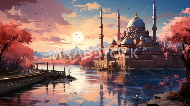 العبادة والطاعة والتقرب الى الله, الفن الهندسي المعماري لبناء المساجد، رسم توضيحي لمسجد في وسط الاشجار والأماكن الطبيعية، القبب والمآذن المبنية على الطراز العريق، التصاميم والديكورات الاسلامية، منظر الغيوم في السماء