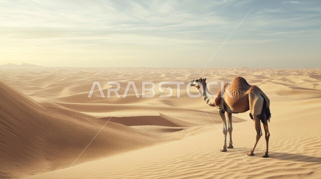 تربية الجمال والإبل في المحميات الطبيعية في  المملكة العربية السعودية ، جمل عربي أصيل يسير وسط الصحراء في النهار، التلال والكثبان الرملية الذهبية الناعمة، الاهتمام ورعاية المواشي والثديات، مناظر الطبيعة في الصحاري