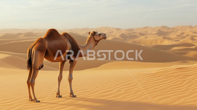 تربية الجمال والإبل في المحميات الطبيعية في  المملكة العربية السعودية ، جمل عربي أصيل يسير وسط الصحراء في النهار، التلال والكثبان الرملية الذهبية الناعمة، الاهتمام ورعاية المواشي والثديات، مناظر الطبيعة في الصحاري