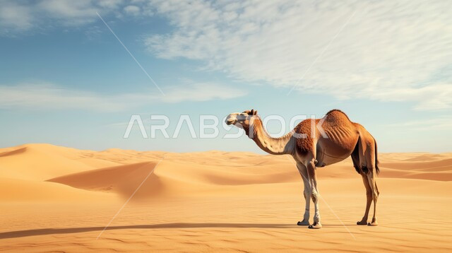 تربية الجمال والإبل في المحميات الطبيعية في  المملكة العربية السعودية ، جمل عربي أصيل يسير وسط الصحراء في النهار، التلال والكثبان الرملية الذهبية الناعمة، الاهتمام ورعاية المواشي والثديات، مناظر الطبيعة في الصحاري
