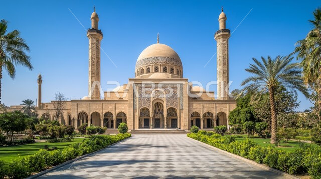 المآذن والقبب المبنية على الطراز العريق، مسجد محاط بأشجار النخيل والمساحات الخضراء، العبادة والطاعة والتقرب الى الله، الفن الهندسي المعماري لبناء المساجد في المملكة العربية السعودية، الديكورات والتصاميم الإسلامية، خلفية الطبيعة