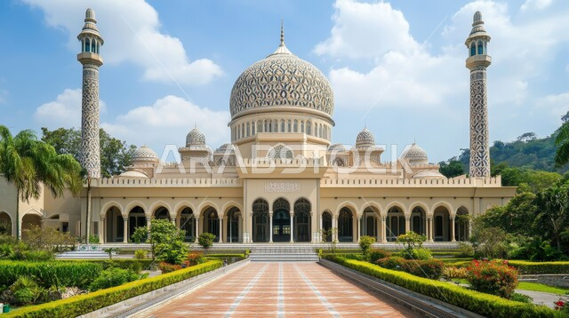 المآذن والقبب المبنية على الطراز العريق، مسجد محاط بأشجار النخيل والمساحات الخضراء، العبادة والطاعة والتقرب الى الله، الفن الهندسي المعماري لبناء المساجد في المملكة العربية السعودية، الديكورات والتصاميم الإسلامية، خلفية الطبيعة