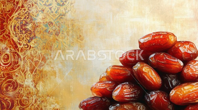 Spiritual Ramadan atmosphere, a meal with high nutritional value, the distinctive healthy dates in the Kingdom of Saudi Arabia, the month of worship and drawing closer to God, the quality of local national products, celebrating the arrival of the holy month of Ramadan