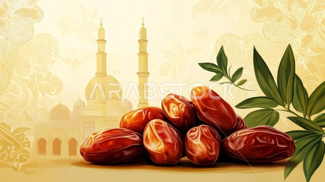 الأجواء الرمضانية الروحانية، ضيافة رمضان المبارك، وجبة ذات قيمة غذائية عالية، التمور الصحية المتميزة في المملكة العربية السعودية، شهر العبادة والتقرب إلى الله، جودة المنتجات المحلية الوطنية، خلفية قبب ومآذن المسجد الإسلامي