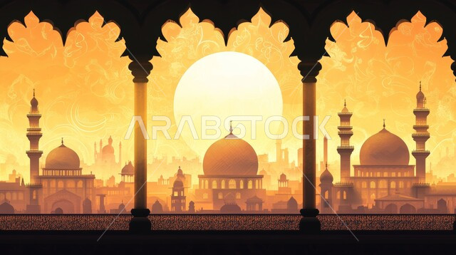الأماكن الدينية ودور العبادة، الفن المعماري على الطراز الإسلامي، الصلاة والتقرب إلى الله تعالى، رسوم توضيحية للمساجد العريقة في الملكة العربية السعودية، الديكورات والتصاميم الهندسية للمآذن والقبب، منظر بديع لشروق الشمس