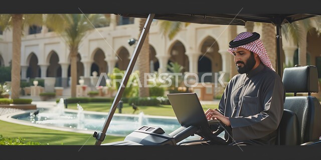 الاستمتاع بالاجواء الصيفيه أثناء انجاز المهام اليومية, رجل عربي خليجي سعودي يرتدي الزي التقليدي يجلس في عربة الغولف الكهربائية يستخدم جهاز الحاسوب المحمول, مفهوم العمل المتنقل في الهواء الطلق, دمج التقنيات الحديثة المتطورة في الحياة العملية