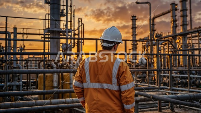 مفهوم العمل في القطاع الهندسي الصناعي، جودة الآلات والمعدات في معامل استخرج النفط، التقنيات الحديثة في انتاج الزيوت والغاز، صورة من الخلف لعامل صناعي يرتدي الخوذة وسترة الحماية يقوم بمتابعة سير العمل، مصانع تكرير البترول في وقت غروب الشمس في السعودية