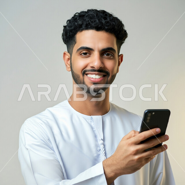 اسخدام الأجهزة التقنية الحديثة، بورتريه مقرب لشاب عربي خليجي إماراتي مبتسم يرتدي الكندورة يحمل بيده الهاتف المحمول، النظر الى الكاميرا بتعابير السعادة والسرور، خلفية بيضاء