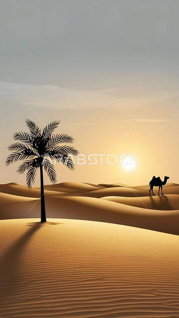 الاهتمام في تربية الجمال والإبل، صورة ظلية لحيوان الجمل يقف وسط صحراء بجانب شجرة النخيل وقت غروب الشمس، الكثبان الرملية و المناطق الصحراوية، مفهوم رعاية المواشي والثدييات، المناظر الطبيعية في صحاري المملكة العربية السعودية، سالوييت