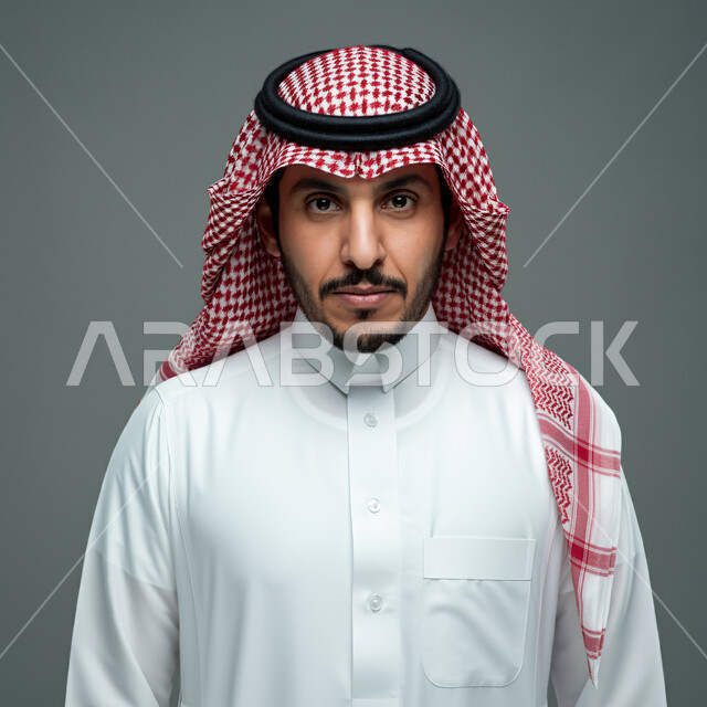 إيماءات الجدية والثقة بالنفس، مفهوم الأناقة والرجولة، التقاط صور شخصية للوثائق الرسمية، بورتريه مقرب لشاب عربي خليجي سعودي يرتدي الشماغ والثوب التقليدي ينظر إلى الكاميرا، الاعتناء والاهتمام بالمظهر الخارجي، خلفية رمادية