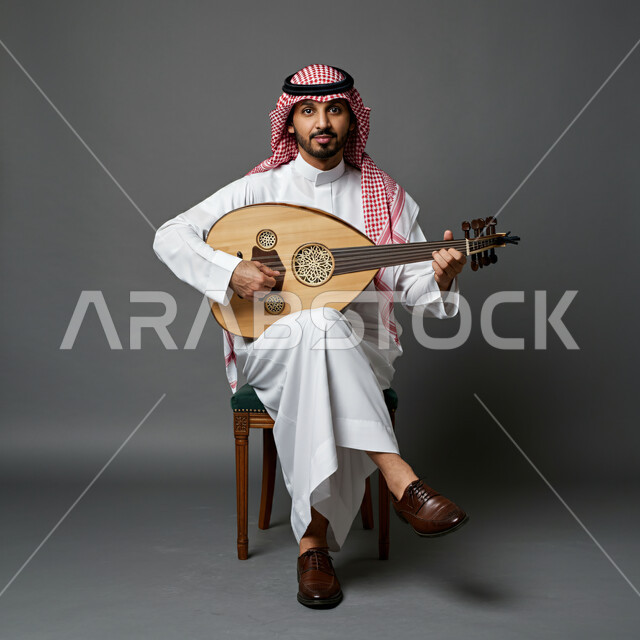 جلسة وناسة وطرب، ممارسة الهوايات الفنية، بورتريه لرجل خليجي سعودي عربي يرتدي الثوب التقليدي والشماغ يجلس على الكرسي يعزف على آلة العود، الاستمتاع بالعزف على الآلات الوترية الكلاسيكية، فنان يقدم البرامج والفنون الموسيقية والفن المسرحي، خلفية رمادية