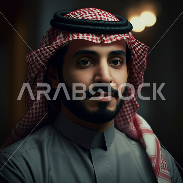 إيماءات الجدية والثقة بالنفس، مفهوم الأناقة والرجولة، التقاط صور شخصية للوثائق الرسمية، صورة مقربة لشاب عربي خليجي سعودي يرتدي الشماغ والثوب التقليدي ينظر إلى الكاميرا، الاعتناء والاهتمام بالمظهر الخارجي