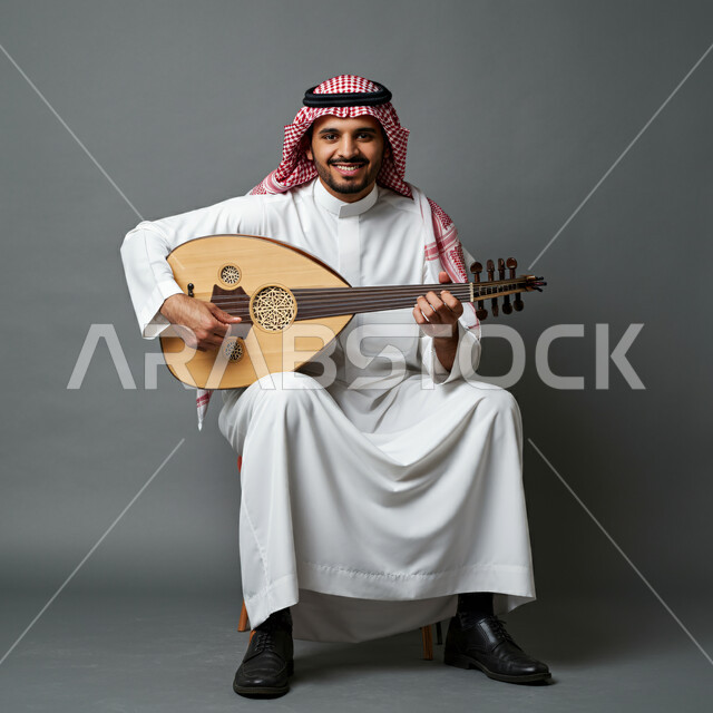 جلسة وناسة وطرب، ممارسة الهوايات الفنية، بورتريه لرجل خليجي سعودي عربي يرتدي الثوب التقليدي والشماغ يجلس على الكرسي يعزف على آلة العود، الاستمتاع بالعزف على الآلات الوترية الكلاسيكية، فنان يقدم البرامج والفنون الموسيقية والفن المسرحي، خلفية رمادية