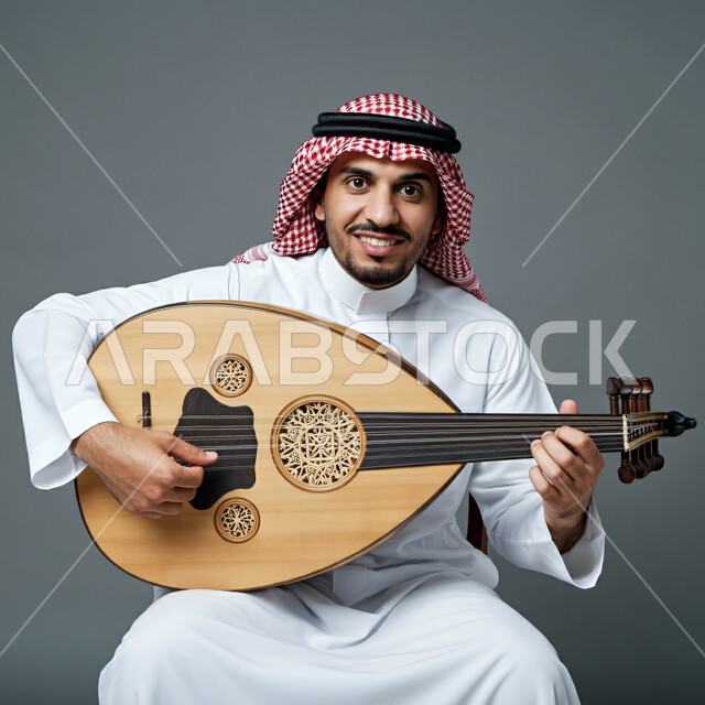 فنان يقدم البرامج والفنون الموسيقية والفن المسرحي، بورتريه مقرب لرجل خليجي سعودي عربي يرتدي الثوب التقليدي والشماغ يجلس على الكرسي يعزف على آلة العود، الاستمتاع بالعزف على الآلات الوترية الكلاسيكية، جلسة وناسة وطرب، ممارسة الهوايات الفنية، خلفية رمادية