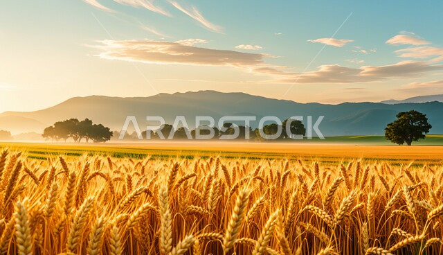 Reliance on local production and self-sufficiency in the Kingdom of Saudi Arabia, local national products and crops, landscapes in wheat fields and farms, golden ears shining under the sun
