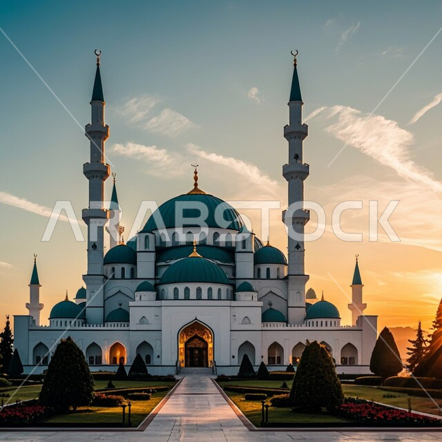 مفهوم العبادة والتقرب إلى الله، أماكن اسلامية مقدسة، نداء المسلمين لأداء الصلوات والفرائض الدينية، الفن الهندسي المعماري على الطراز الإسلامي الحديث، قبب ومآذن أحد المساجد وقت غروب الشمس في المملكة العربية السعودية