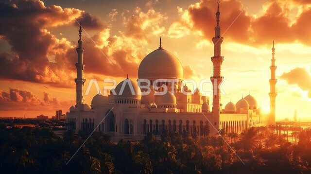 نداء المسلمين لأداء الصلوات والفرائض الدينية، الفن الهندسي المعماري على الطراز الإسلامي الحديث، قبب ومآذن أحد المساجد وقت غروب الشمس في المملكة العربية السعودية، مفهوم العبادة والتقرب إلى الله، أماكن اسلامية مقدسة