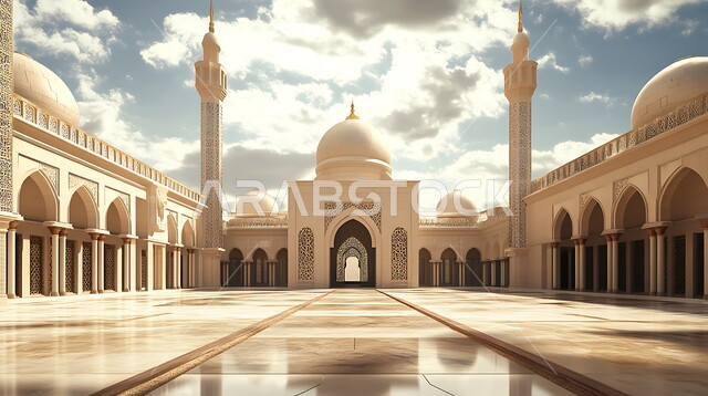 مفهوم العبادة والتقرب إلى الله، أماكن اسلامية مقدسة، نداء المسلمين لأداء الصلوات والفرائض الدينية، الفن الهندسي المعماري على الطراز الإسلامي الحديث، قبب ومآذن أحد المساجد في المملكة العربية السعودية في النهار