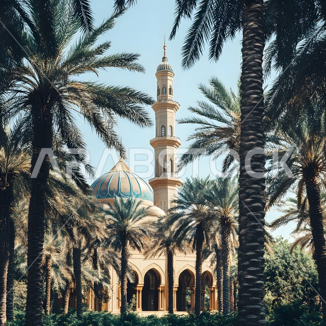 الاهتمام بزراعة الأشجار والنباتات الخضراء، مفهوم العبادة والتقرب إلى الله، أماكن اسلامية مقدسة، نداء المسلمين لأداء الصلوات والفرائض الدينية، الفن الهندسي المعماري على الطراز الإسلامي الحديث، قبب ومآذن أحد المساجد في المملكة العربية السعودية في النهار