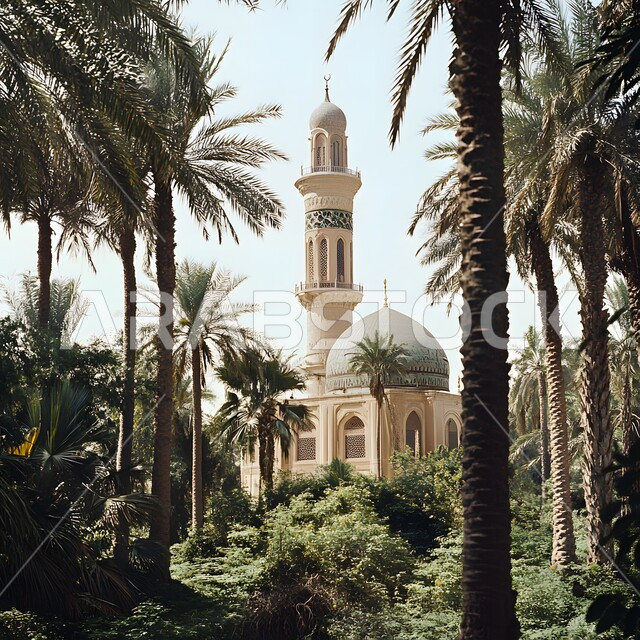 الاهتمام بزراعة الأشجار والنباتات الخضراء، مفهوم العبادة والتقرب إلى الله، أماكن اسلامية مقدسة، نداء المسلمين لأداء الصلوات والفرائض الدينية، الفن الهندسي المعماري على الطراز الإسلامي الحديث، قبب ومآذن أحد المساجد في المملكة العربية السعودية في النهار