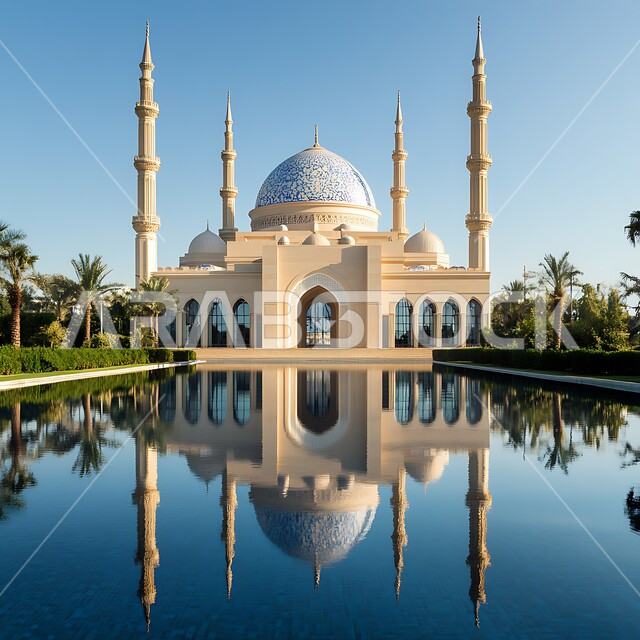 Interest in planting trees and green plants, the concept of worship and getting closer to God, sacred Islamic places, the call of Muslims to perform prayers and religious duties, modern Islamic architectural art, domes and minarets of a mosque in the Kingdom of Saudi Arabia during the day