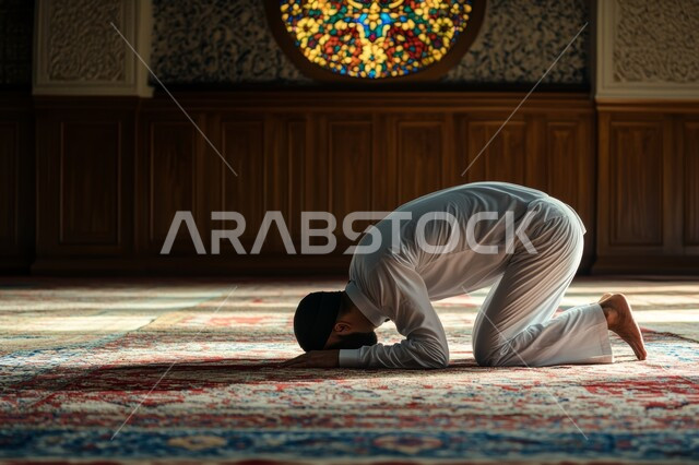 مفهوم العبادة و التقرب إلى الله تعالى, قضاء الفرائض و العبادات, شاب عربي خليجي سعودي يرتدي الثوب التقليدي يقوم بأداء فريضة الصلاة داخل المسجد بخشوع, الركن الثاني من أركان الإسلام 