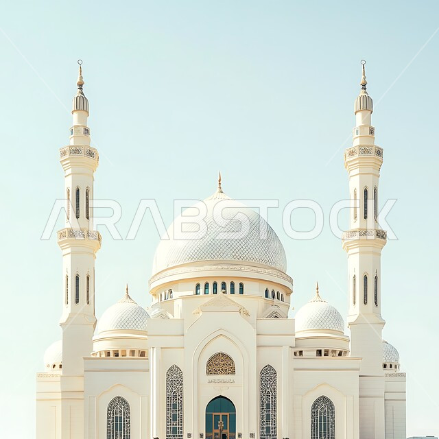قبب ومآذن أحد المساجد في المملكة العربية السعودية في النهار، مفهوم العبادة والتقرب إلى الله، أماكن اسلامية مقدسة، نداء المسلمين لأداء الصلوات والفرائض الدينية، الفن الهندسي المعماري على الطراز الإسلامي الحديث