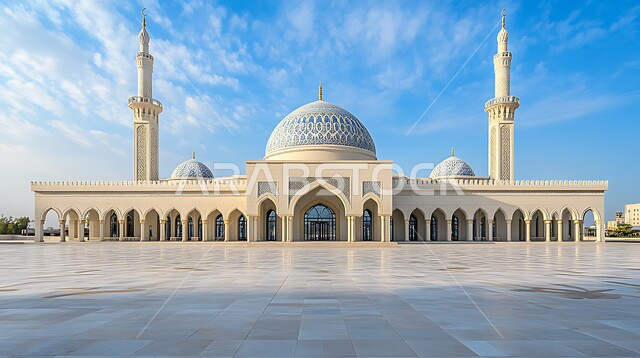 قبب ومآذن أحد المساجد في المملكة العربية السعودية في النهار، مفهوم العبادة والتقرب إلى الله، أماكن اسلامية مقدسة، نداء المسلمين لأداء الصلوات والفرائض الدينية، الفن الهندسي المعماري على الطراز الإسلامي الحديث