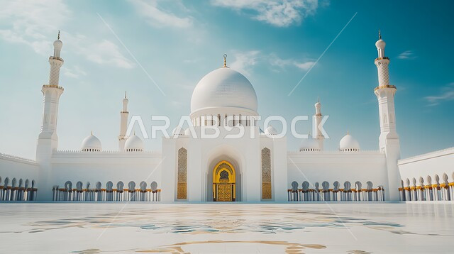 قبب ومآذن أحد المساجد في المملكة العربية السعودية في النهار، مفهوم العبادة والتقرب إلى الله، أماكن اسلامية مقدسة، نداء المسلمين لأداء الصلوات والفرائض الدينية، الفن الهندسي المعماري على الطراز الإسلامي الحديث
