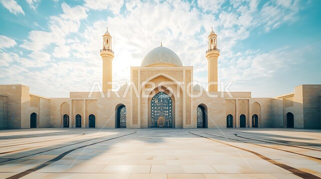 قبب ومآذن أحد المساجد في المملكة العربية السعودية في النهار، مفهوم العبادة والتقرب إلى الله، أماكن اسلامية مقدسة، نداء المسلمين لأداء الصلوات والفرائض الدينية، الفن الهندسي المعماري على الطراز الإسلامي الحديث