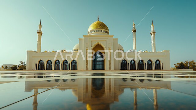 Domes and minarets of a mosque in Saudi Arabia during the day, the concept of worship and closeness to God, sacred Islamic places, the call of Muslims to perform prayers and religious duties, modern Islamic architectural art